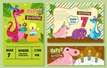 3款卡通恐龙生日邀请卡片矢量素材