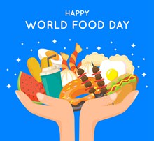 创意世界粮食日捧起食物的手臂图矢量图