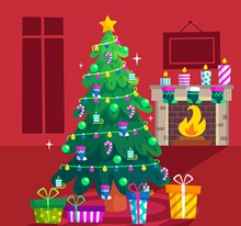 创意圣诞树和温暖壁炉矢量图