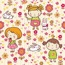可爱卡通女孩和花朵无缝背景(2)矢量下载
