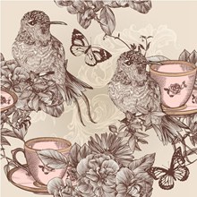 复古版画风格蜂鸟与花朵(3)矢量图片