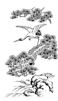 松柏树枝上的仙鹤绘画免抠图片素材