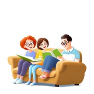 免费卡通沙发上看书的一家人