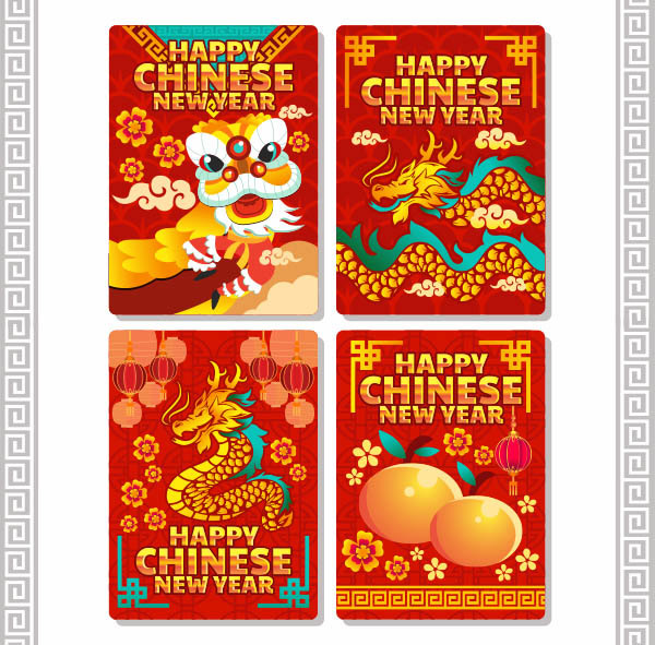 中国传统新年复古贺卡矢量模板