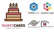 生日蛋糕与相机镜头标志矢量素材下载