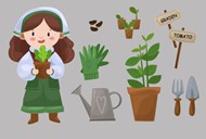 园艺女孩种植工具草图矢量图片